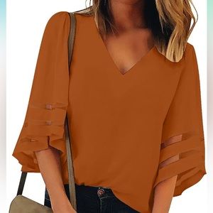 luvamia Women's Casual V Neck Blouse 3/4 Bell Sleeve Loose Top, Burnt Orange